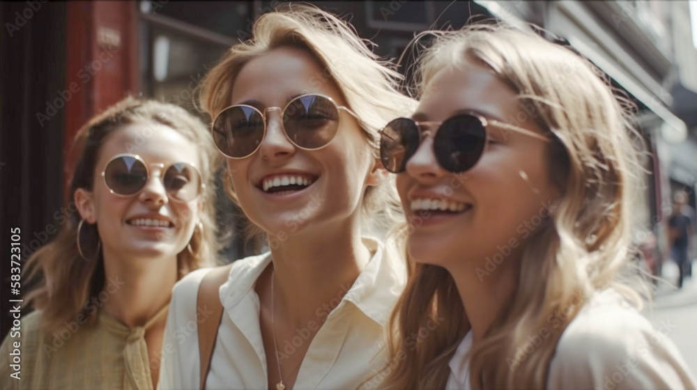 Three Girlfriends Laughing and Walking the Streets of Europe - Generatvie AI.