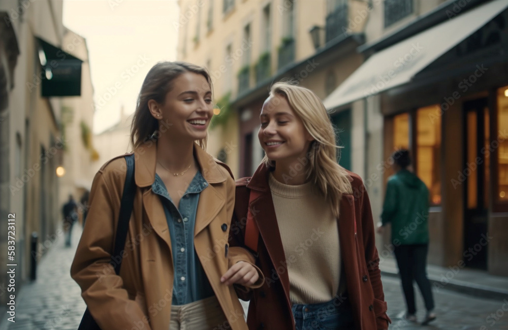 Two Lesbian Girlfriends Walking Along the Streets of Europe - Generatvie AI.