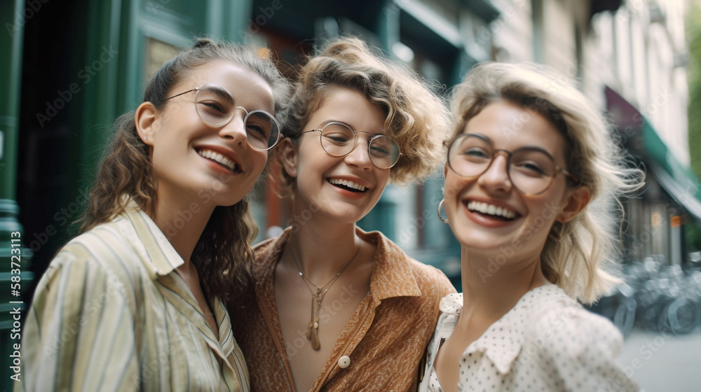Three Girlfriends Laughing and Walking the Streets of Europe - Generatvie AI. Three Girlfriends Laughing and Walking the Streets of Europe - Generatvie AI.