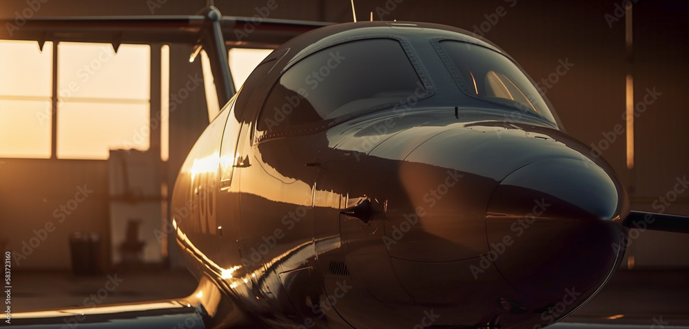 Private Luxury Jet Airplane Waiting In The Hangar At Sunset - Generatvie AI.