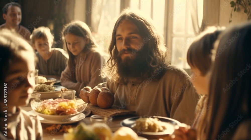 Jesus Sits at a Table with Several Children During a Meal - Generatvie AI.
