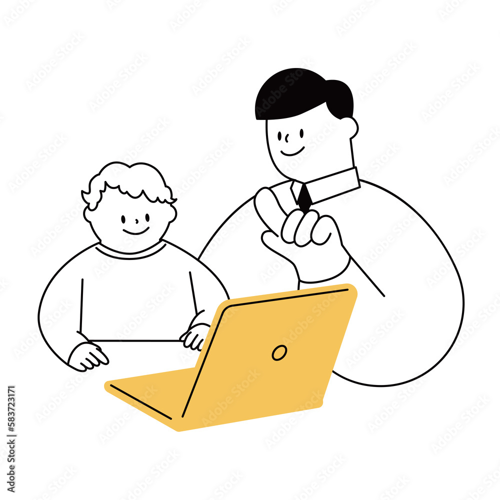 Vector illustration of a child studying on a laptop and a teacher wearing a tie to support learning. Vector illustration of a child studying on a laptop and a teacher wearing a tie to support learning.