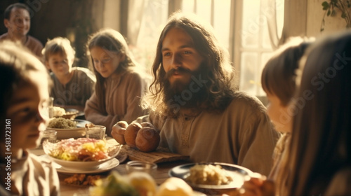 Jesus Sits at a Table with Several Children During a Meal - Generatvie AI. © Andy Dean