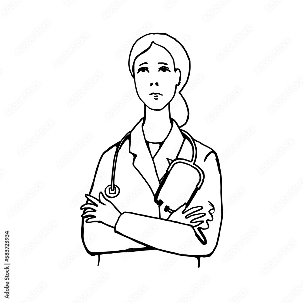 Abstract, minimalistic sketch of a female doctor with a stethoscope around her neck. Line drawing, line art. Vector illustration