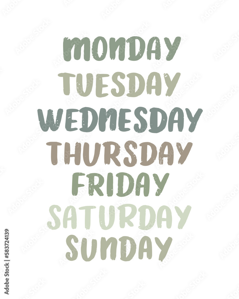Fototapeta premium Days of The Week nursery design. Kids learning template. Educational poster in montessori style.