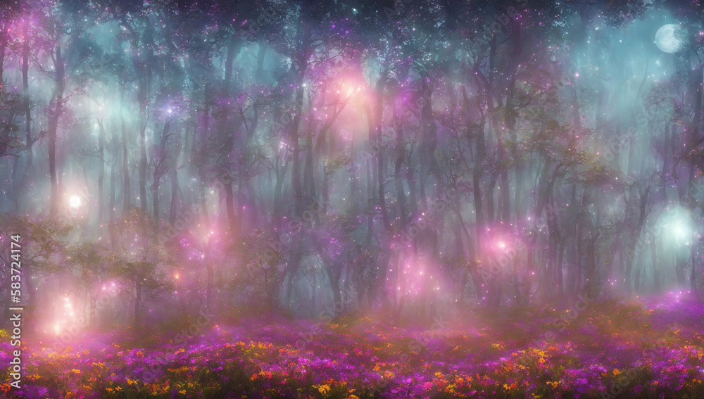Mysteriousl fantasy fairy forest with pink lights covered with red, yellow and violet flowers (ai generated)