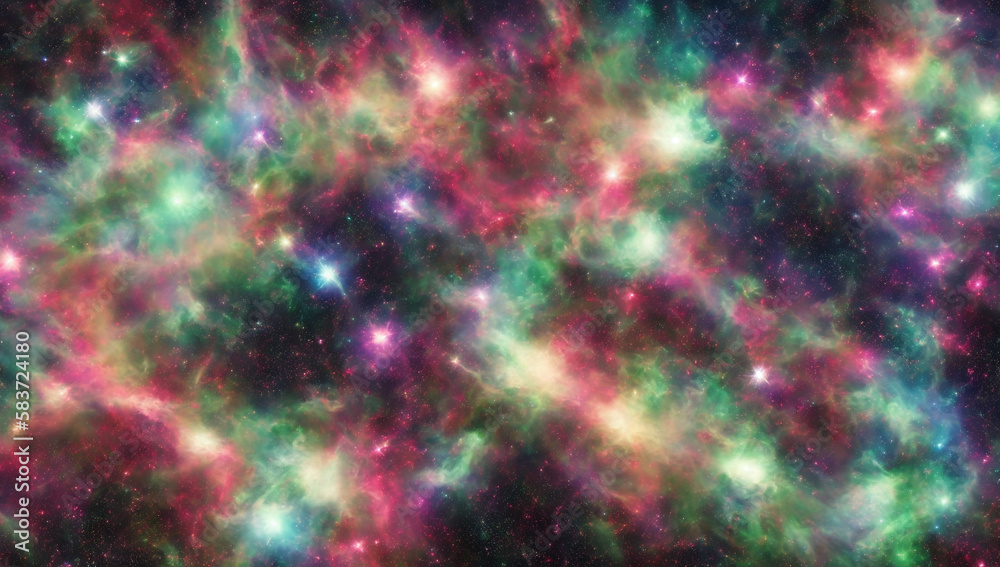 Space with multiple colorfull nebula and green and violer mist wallpaper (ai generated)