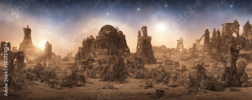 Landscape of the night sky over the realistic ancient steampunk fantasy ruins buried in the desert (ai generated)