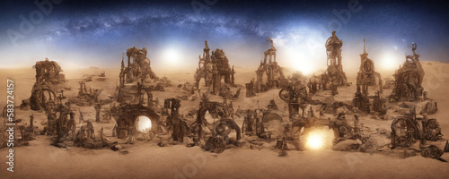 Landscape of the night sky during double sunset over the ancient steampunk fantasy ruins buried in the desert (ai generated)