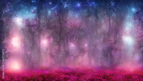 Mysterious fantasy fairy forest with purple lights covered with pink flowers and with dark night sky above (ai generated)