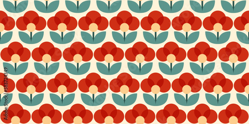 Seamless retro floral pattern. Vintage stylized flowers background in 60s, 70s, 80s style. Nostalgic repeating wallpaper. Fabric and textile design. Vector texture and illustration
