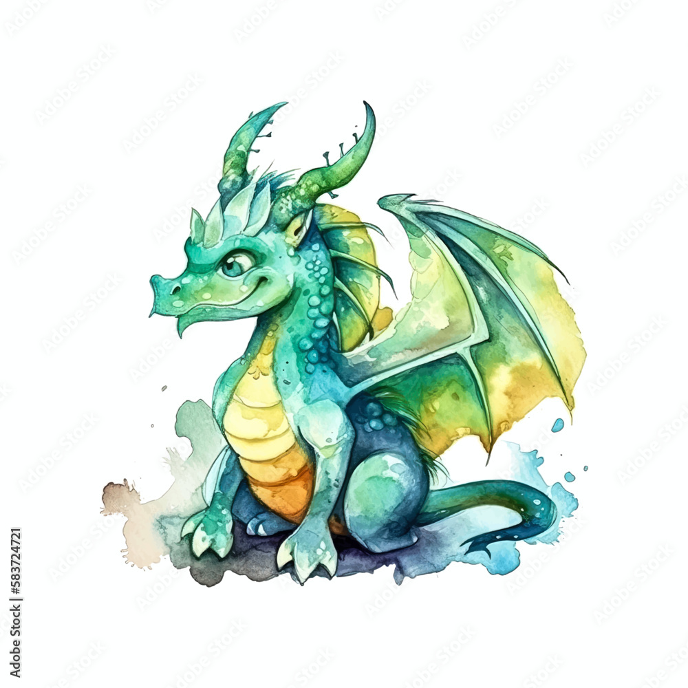 Fototapeta premium cute dragon isolated in white background. watercolor vector for tshirt, mug, tumbler, pillow, sublimation