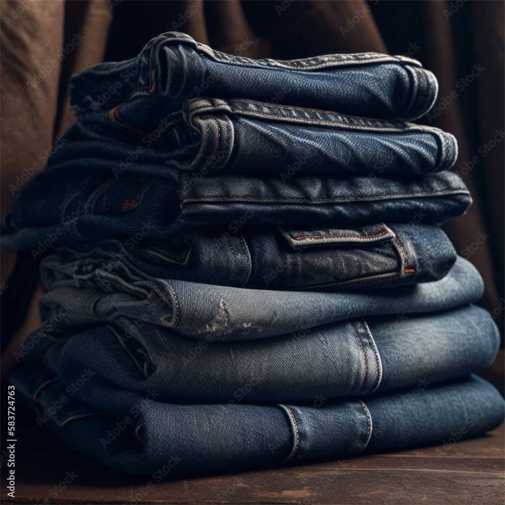 Várias calças jeans em cima da mesa de uma loja criado por IA