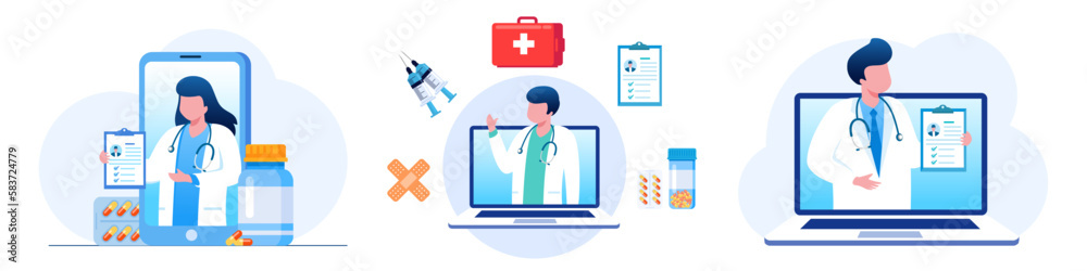 Online medical consultation and support. Online doctor. Healthcare services, Ask a doctor. Family doctor, gynecologist with stethoscope on the laptop screen. Flat vector illustration