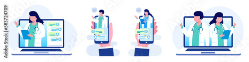 Online medical consultation and support. Online doctor. Healthcare services, Ask a doctor. Family doctor, gynecologist with stethoscope on the laptop screen. Flat vector illustration