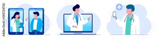 Online medical consultation and support. Online doctor. Healthcare services, Ask a doctor. Family doctor, gynecologist with stethoscope on the laptop screen. Flat vector illustration