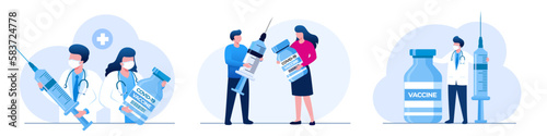 People vaccination concept for immunity health. Covid-19. Young doctors man and woman in masks with syringe and vaccine isolated on white background. Healthcare, coronavirus, prevention and immunize.