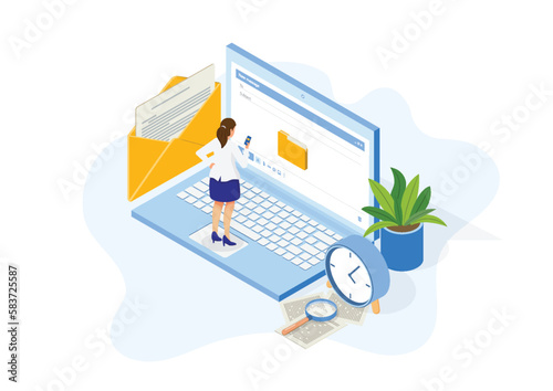 Isometric Sending Email Concept. Message Online Chat Social Text Concept. Spam. New Email, Messaging, Email marketingm Working process, New email message