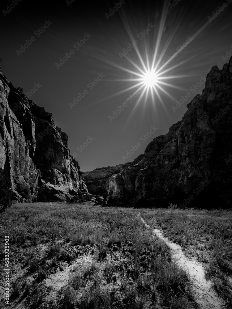 Black and white Photo of the sun setting over the Capitol Gorge Trail in Capitol Reef National Park, Utah, USA