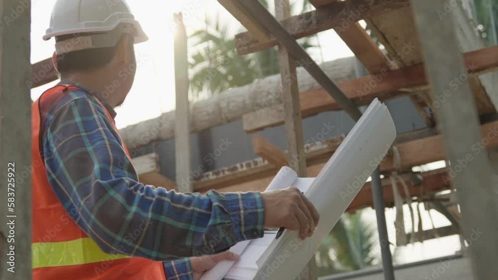 inspector or engineer is inspecting construction and quality assurance new house using a checklist. Engineers or architects or contactor work to build the house before handing it over to the homeowner