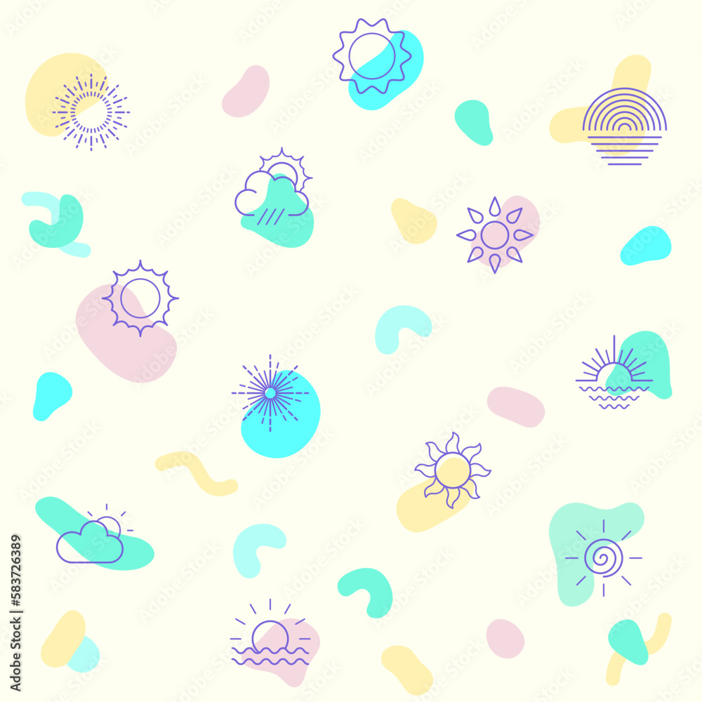 Vector illustration of a cute sun. Collection of sunbursts, rays, weather, sun raise, sunshine, solar and other elements. Isolated on beige.