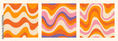 Groovy Waves Seamless Patterns Set. Psychedelic Abstract Curved Vector Background in 1970s Hippie Retro Style