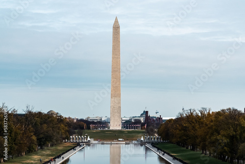 Washington D. C. United States. November 29, 2022: Washington Monument with blue sky and reflection in the water.