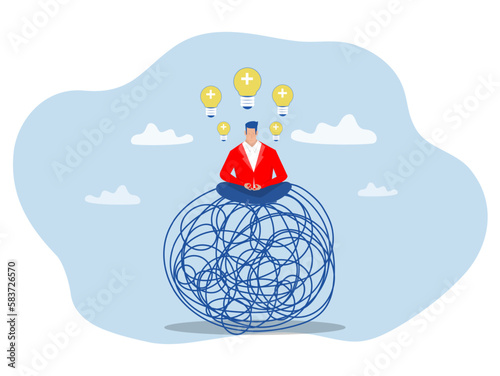 control emotion management concept, businessman in lotus meditation on chaos mess line with positive energy under Stress, anxiety ,frustration work vector illustrator.