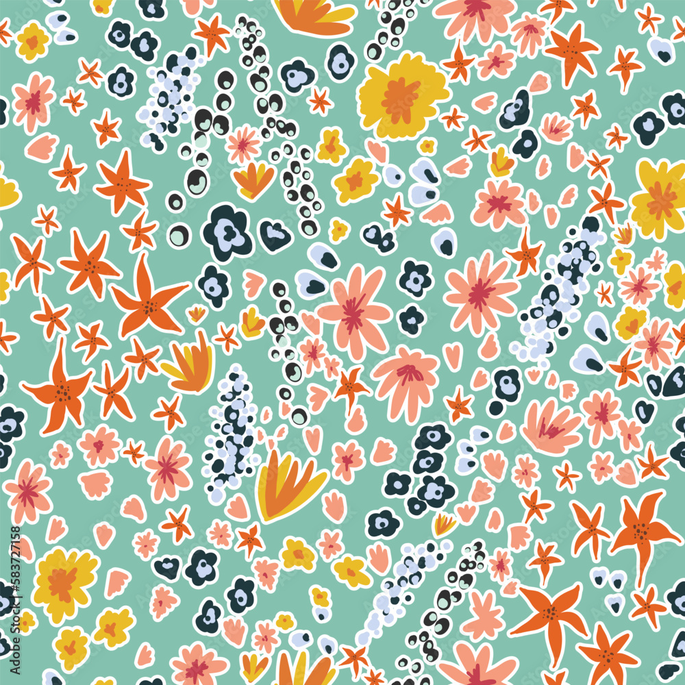 Blossom floral seamless pattern. Blooming botanical motifs scattered random. Trendy colorful wildflower vector texture. Ditsy print, fabric. Handdrawn different wild meadow flowers on blue background Blossom floral seamless pattern. Blooming botanical motifs scattered random. Trendy colorful wildflower vector texture. Ditsy print, fabric. Handdrawn different wild meadow flowers on blue background
