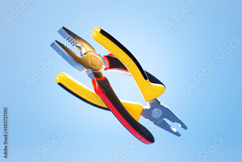 3D illustration yellow pliers hand tool isolated on blue background. 3D render and illustration of repair and installation tool