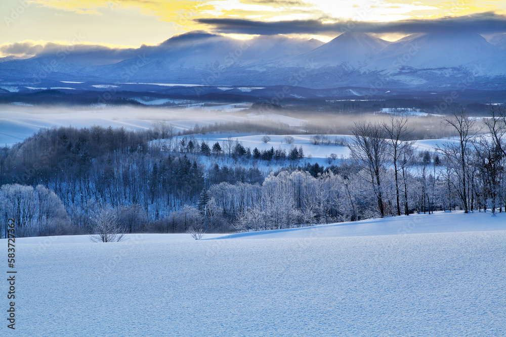 大雪山連峰からの日の出と霧氷（上富良野町）