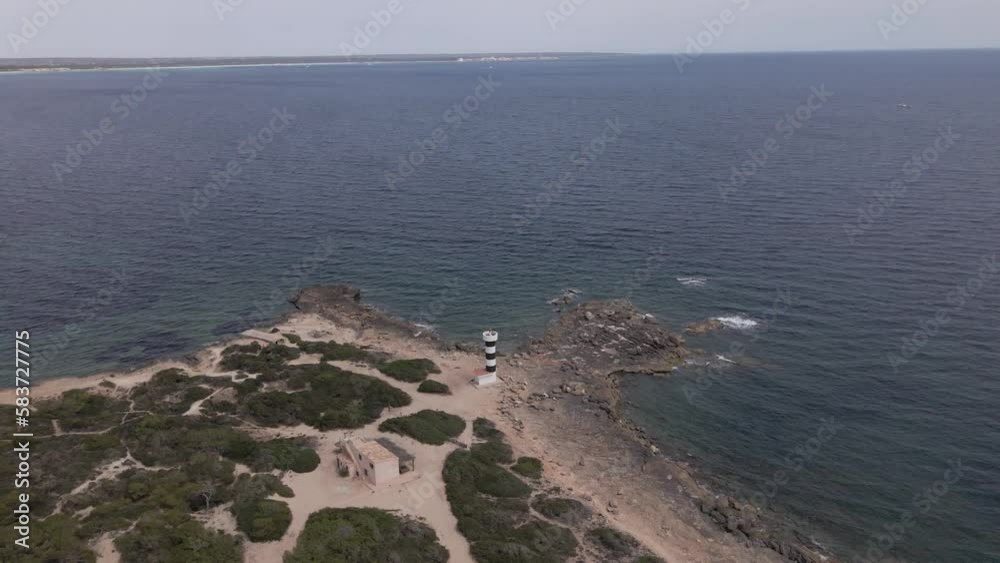 Aerial drone panning shot of a lighthouse at Faro de s'Estalella in Mallorca on a cloudy day. Aerial drone panning shot of a lighthouse at Faro de s'Estalella in Mallorca on a cloudy day.
