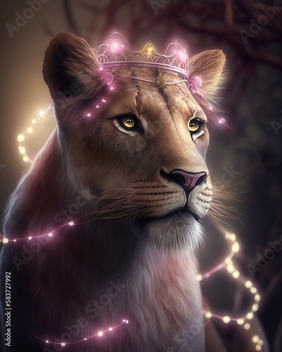 lioness wearing a pink glowing crown, lion in the night, fantasy lioness, princess lion, princess lioness, ai artwork, up close of lion