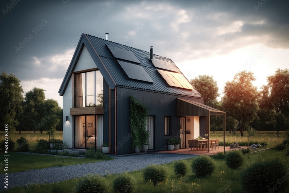 Passive house with solar panels. Green lawn and trees. Generative AI Passive house with solar panels. Green lawn and trees. Generative AI
