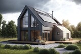 Passive house with solar panels. Green lawn and trees. Generative AI