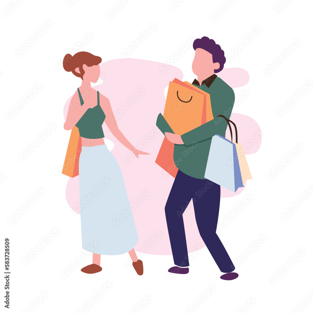 happy couple shopping together flat illustration happy couple shopping together flat illustration