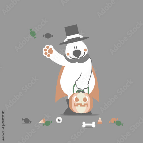 happy halloween holiday festival with polar bear and pumpkin and candy, flat vector illustration cartoon character design