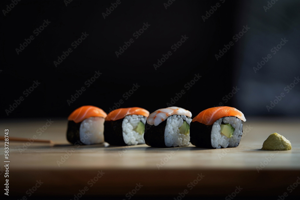 clean close up shot of delicious sushi nicely presented on a table in a studio generated with AI clean close up shot of delicious sushi nicely presented on a table in a studio generated with AI