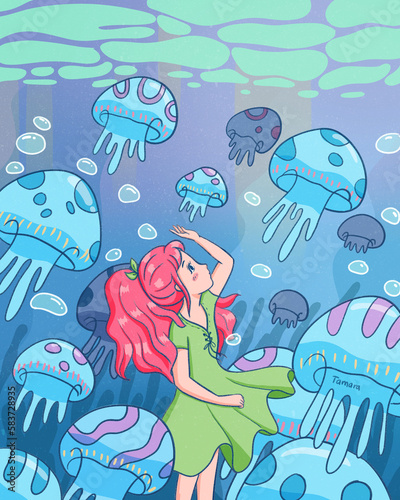 Cute girl with jelly fish in the sea