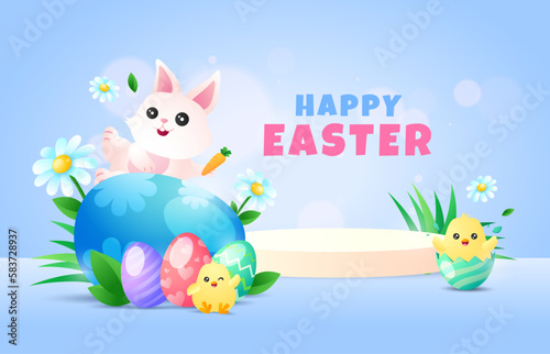 Happy Easter day background with eggs, rabbit, chicks and podium on pastel blue background.