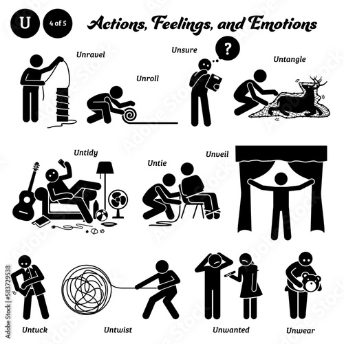 Stick figure human people man action, feelings, and emotions icons alphabet U. Unravel, unroll, unsure, untangle, untidy, untie, unveil, untuck, untwist, unwanted, and unwear.