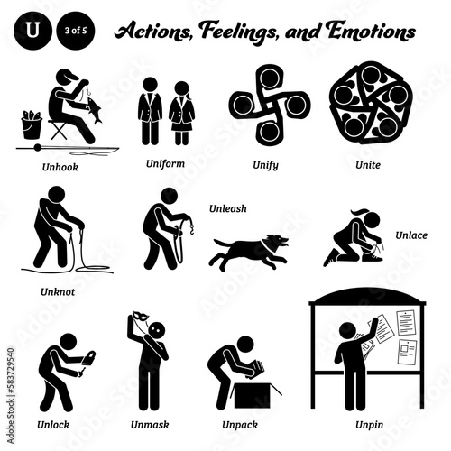 Stick figure human people man action, feelings, and emotions icons alphabet U. Unhook, uniform, unify, unite, unknot, unleash, unlace, unlock, unmask, unpack, and unpin.