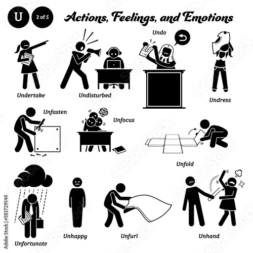 Stick figure human people man action, feelings, and emotions icons alphabet U. Undertake, undisturbed, undo, undress, unfasten, unfocus, unfold, unfortunate, unhappy, unfurl, and unhand.