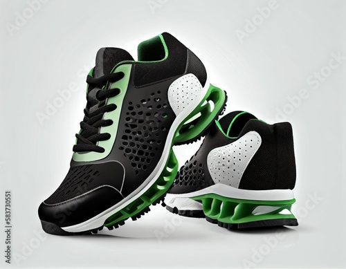 Black green sport shoes on isolated white background.  Generative AI.