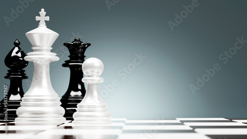 Chess pieces on a chessboard table, 3D rendering