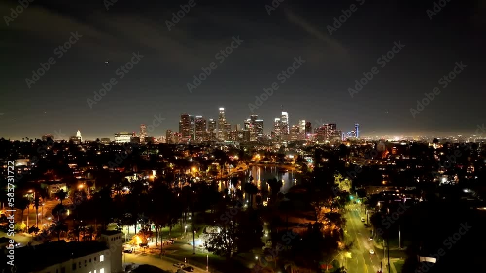 Downtown Los Angeles city skyline at night with high rise skyscrapers