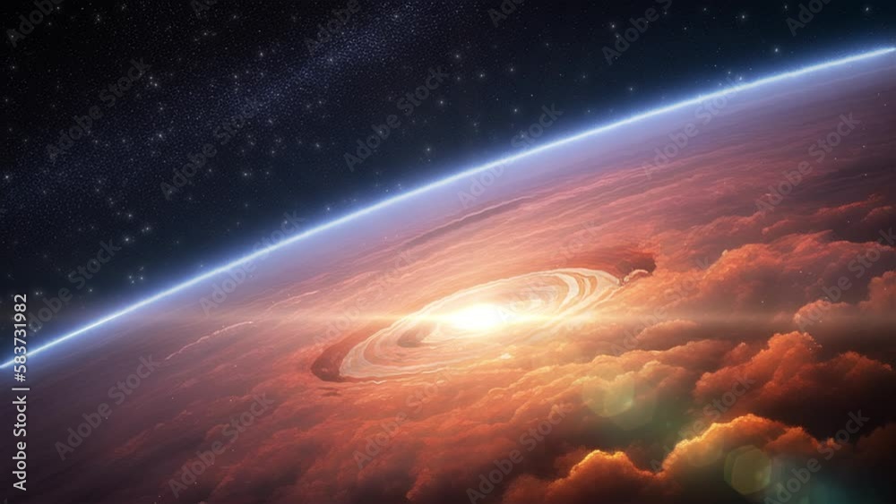 Shining light flare in the clouds on planet explosion background loop