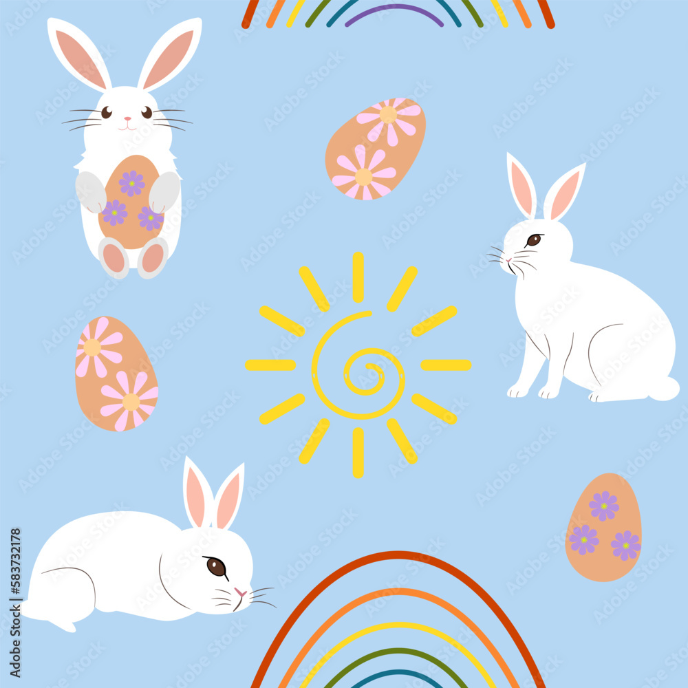 Fototapeta premium Easter holiday seamless pattern with bunnies, sun, rainbow and decorated Easter eggs
