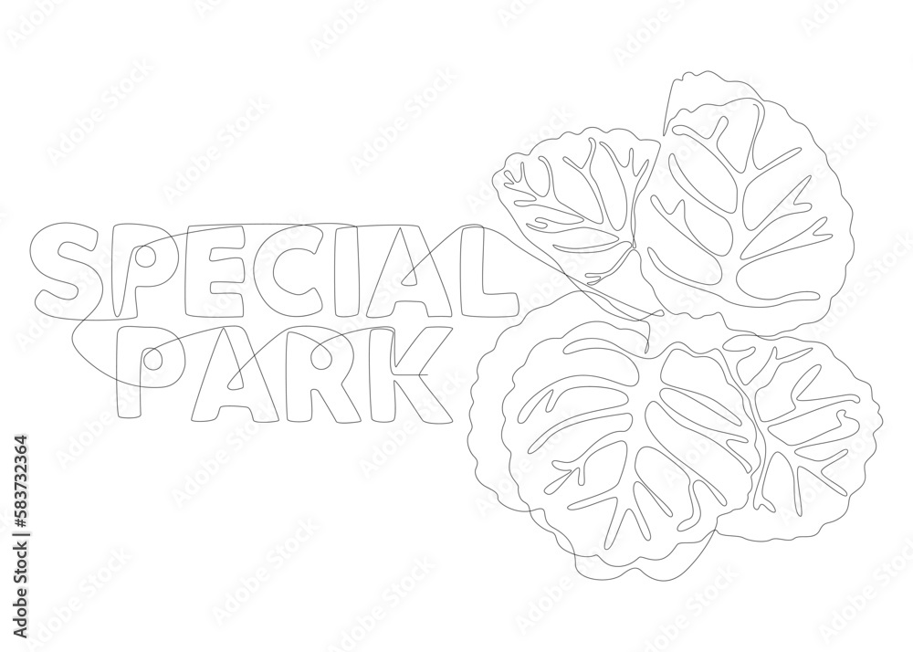 One continuous line of Special Park word with plants leaf. Thin Line Illustration vector concept. Contour Drawing Creative ideas.