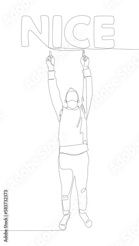 One continuous line of Man pointing with finger at Nice word. Thin Line Illustration vector concept. Contour Drawing Creative ideas.